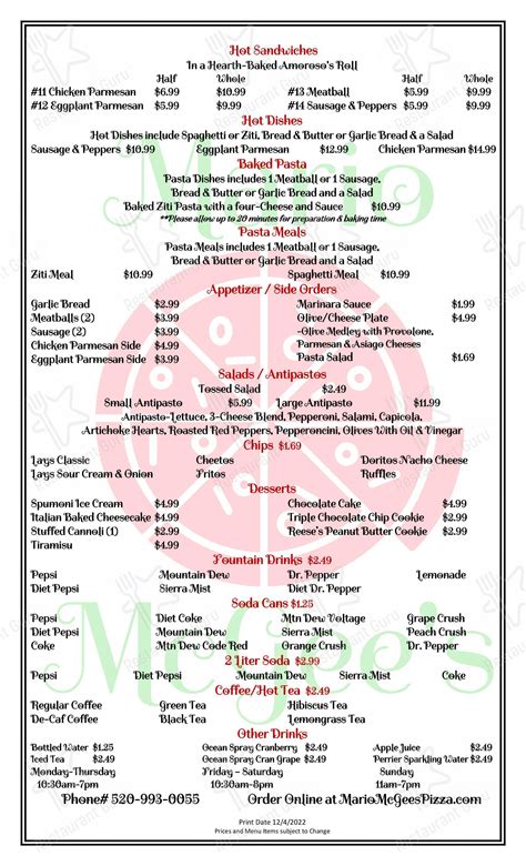 Green Valley. . Mario mcgees pizza menu